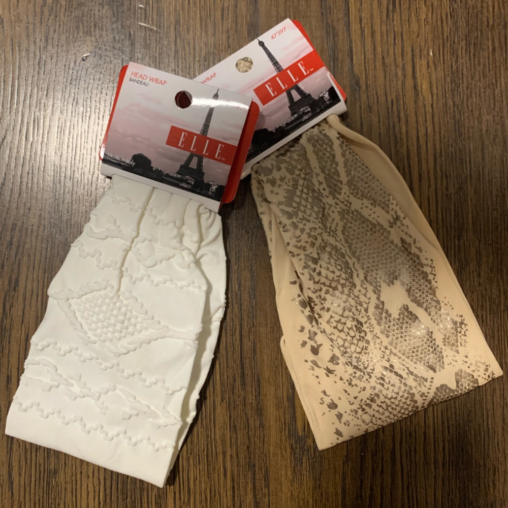 Elle 2 Stretchy Headbands / Headwraps - White and Tan / Gold
